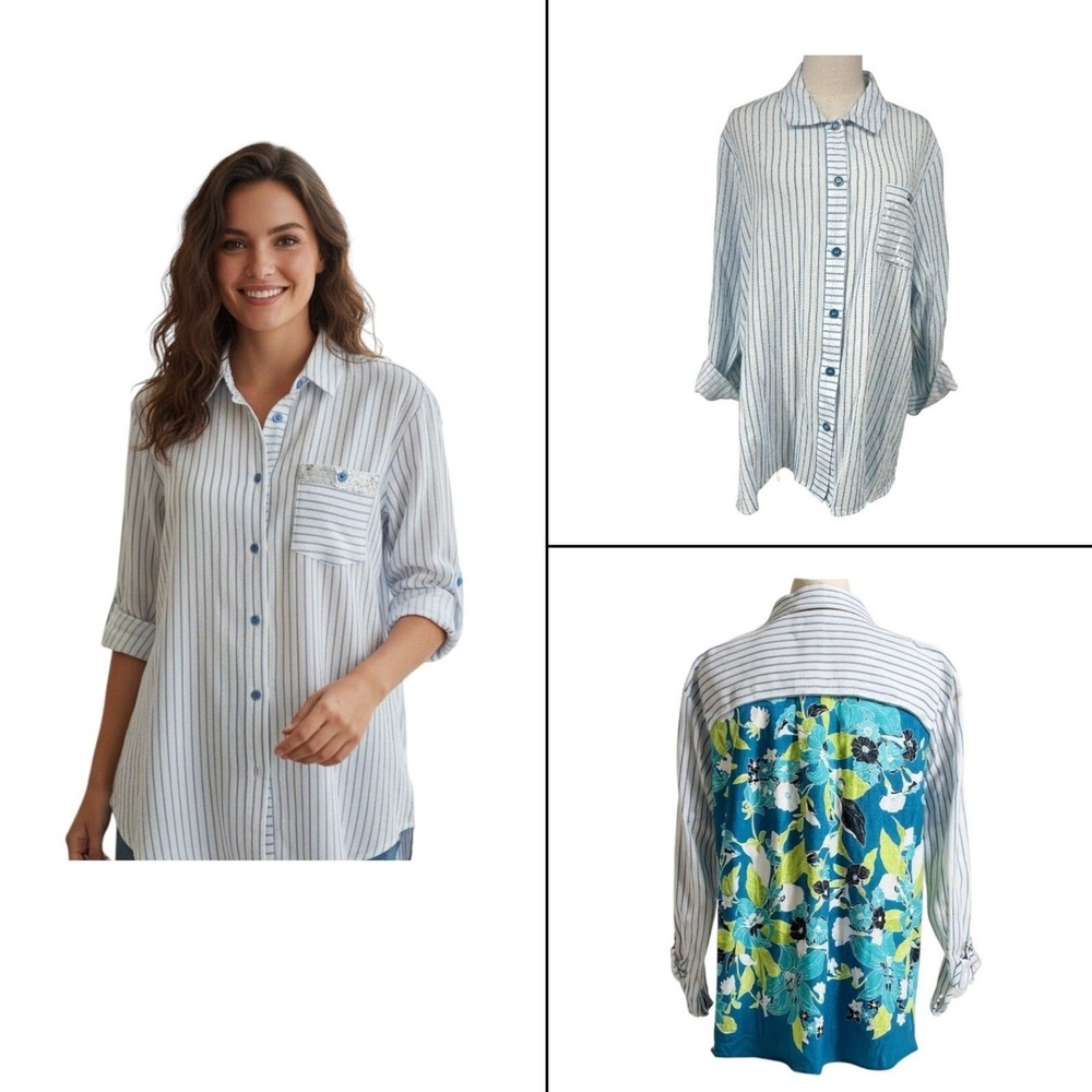 NEW Multiples Women's 1X Montego Bay Blue Striped‎ Button-Up Shirt Back Panel